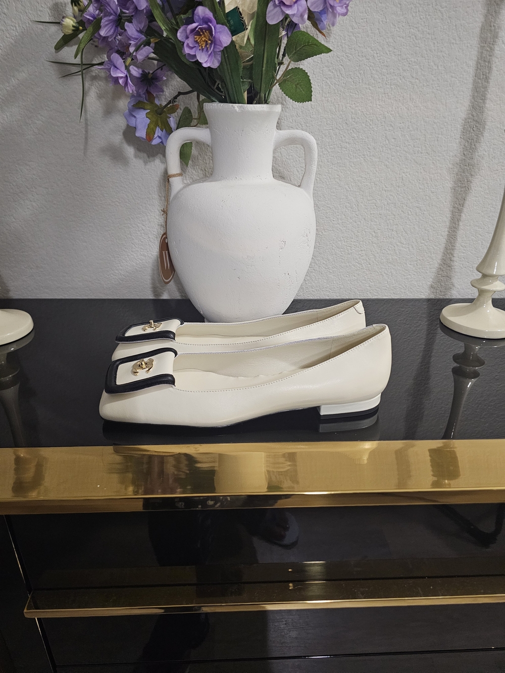 CHANEL Ivory Leather Ballet Flats with Black Trim and Gold CC Buckle